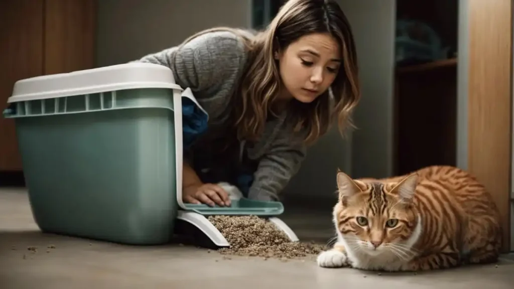 An orange cat is lying next to his litter box.