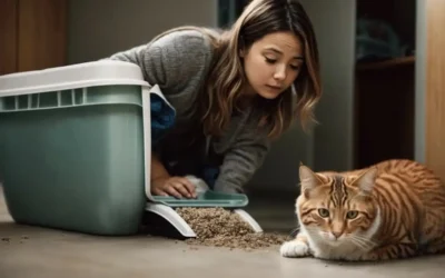 An orange cat is lying next to his litter box.