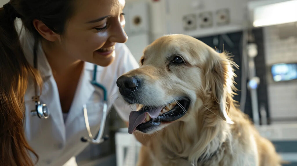 Veterinarian performing wellness exam on a dog at Slaton Veterinary Hospital in Westlake Village