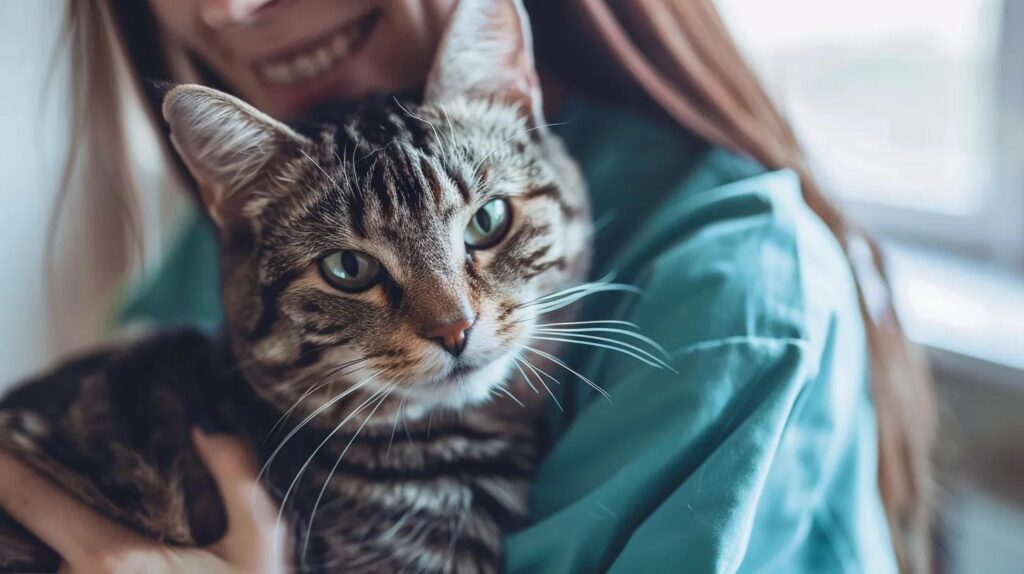 Veterinarian holding a happy cat during routine wellness checkup at Slaton Veterinary Hospital in Thousand Oaks